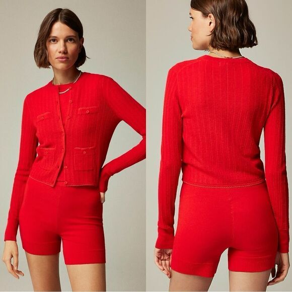 NWT J CREW Featherweight cashmere pointelle shrunken cardigan sweater in red - Picture 1 of 11